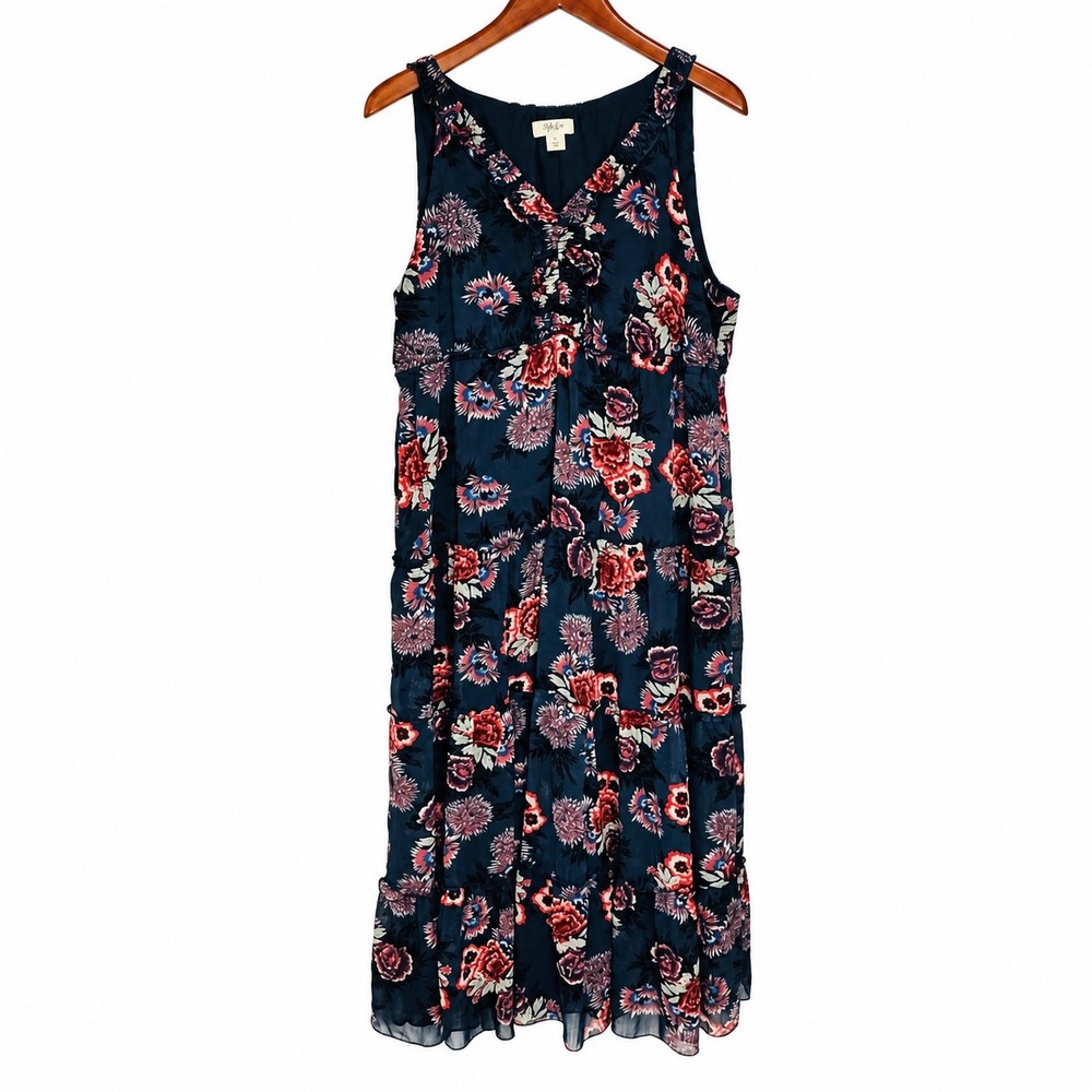 Style & Co Womens XL Navy Blue Floral Chiffon Tiered Sleeveless Maxi Dress
